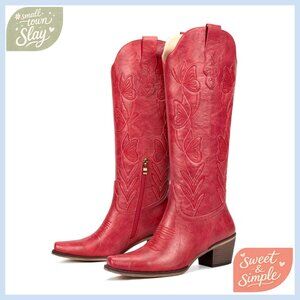 Knee High Cowboy Boots Chunky Heel Vintage Western Style Embroidered